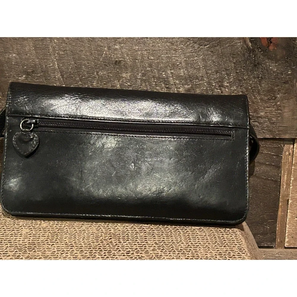 Brighton Black Leather Floral Embroidery Beaded Large Organizer Wallet Crossbody